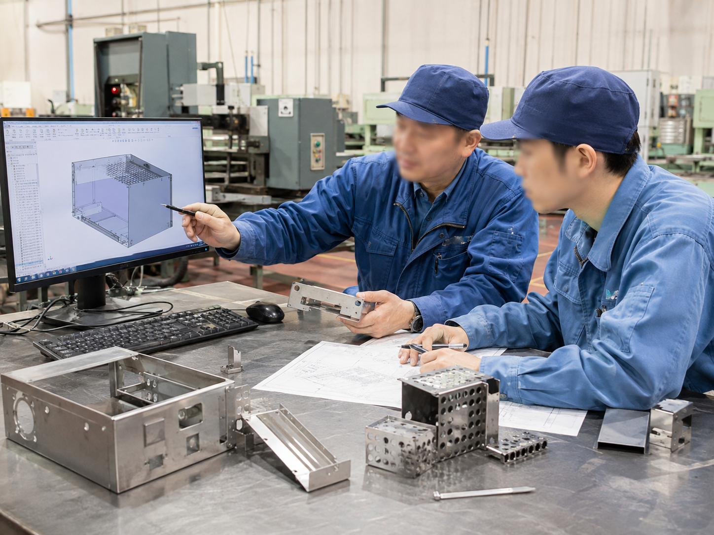 CAD画面と製品を確認しながら設計・試作を検討する作業者