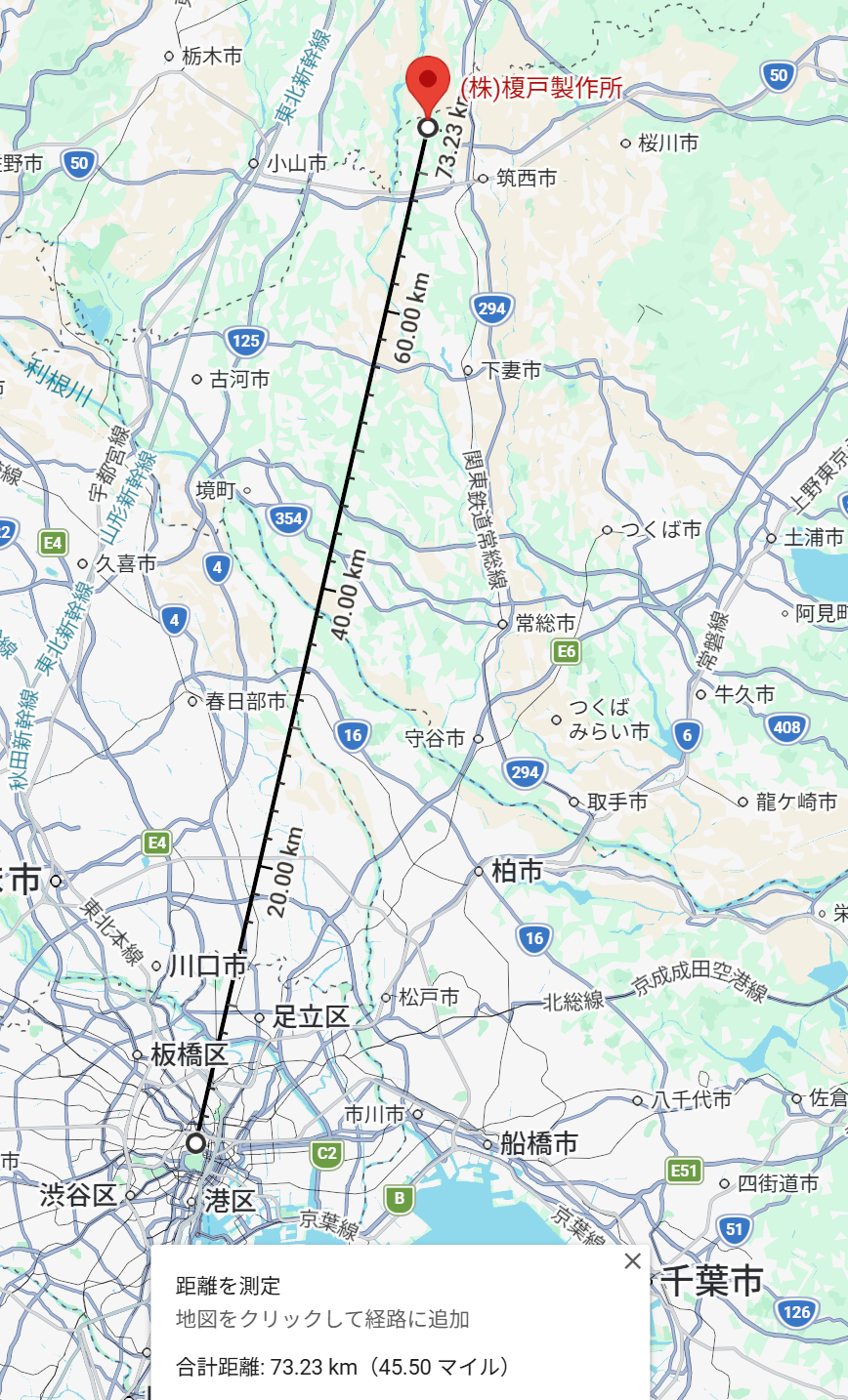 東京駅から筑西工場までの位置関係